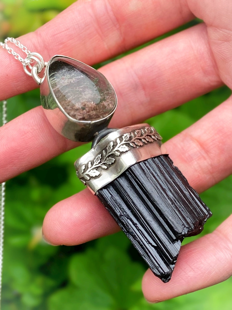 ꩜SPIRITSTEEL꩜ Handmade Sterling Silver Necklace with Black Tourmaline & Garden Quartz