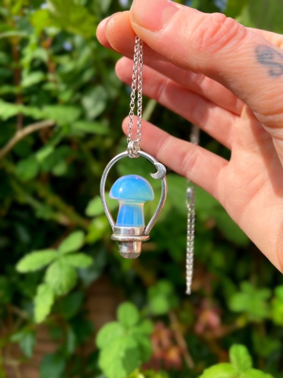 ꩜WATER WITCH꩜ Handmade Sterling Silver Necklace with Opalite Mushroom & Rainbow Moonstone