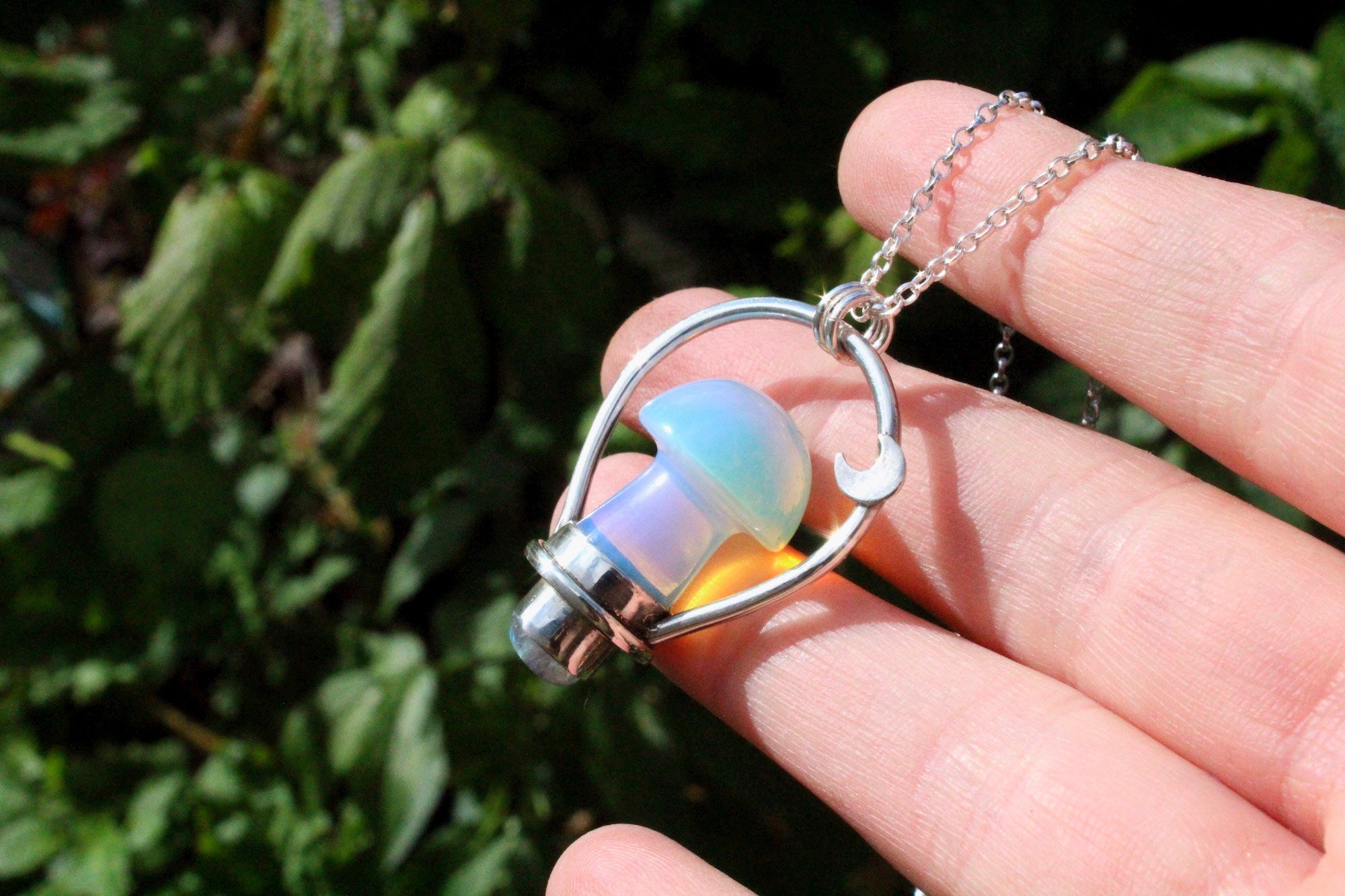 ꩜WATER WITCH꩜ Handmade Sterling Silver Necklace with Opalite Mushroom & Rainbow Moonstone