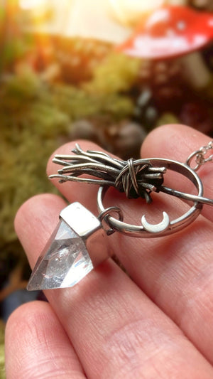 WITCHING HOUR Handmade Sterling Silver Broomstick Necklace with Clear Apophyllite