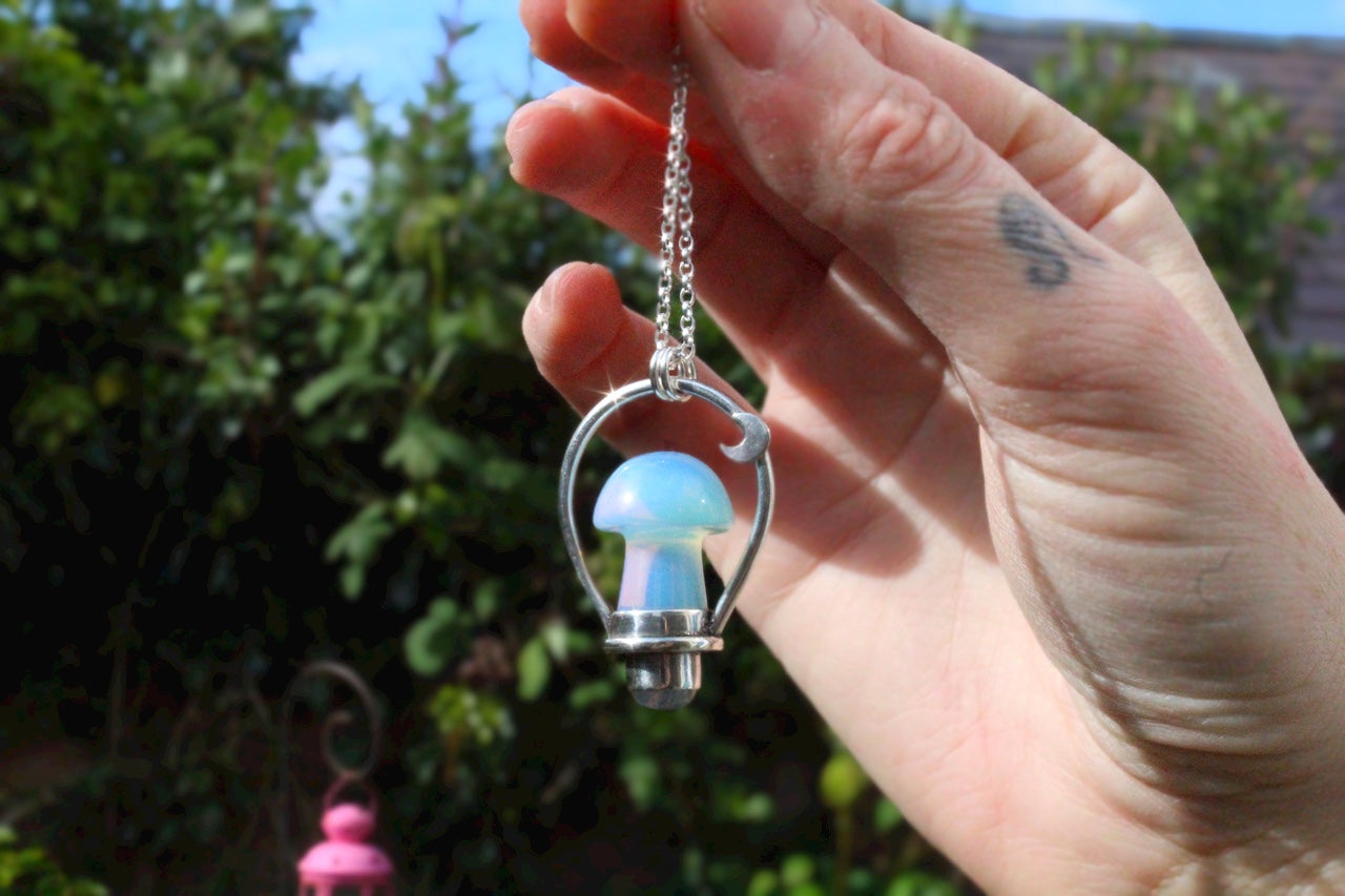 ꩜WITCHING HOUR꩜ Handmade Sterling Silver Necklace with Opalite Mushroom & Rainbow Moonstone