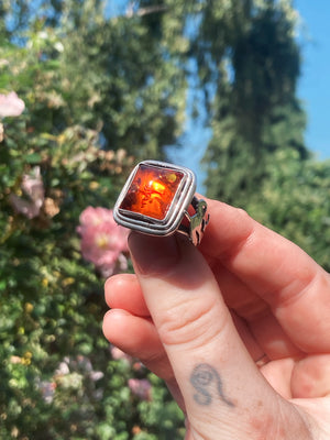 🍁SEASON OF THE WITCH🍁Handmade Sterling Silver Ring with Baltic Amber ~ Size N