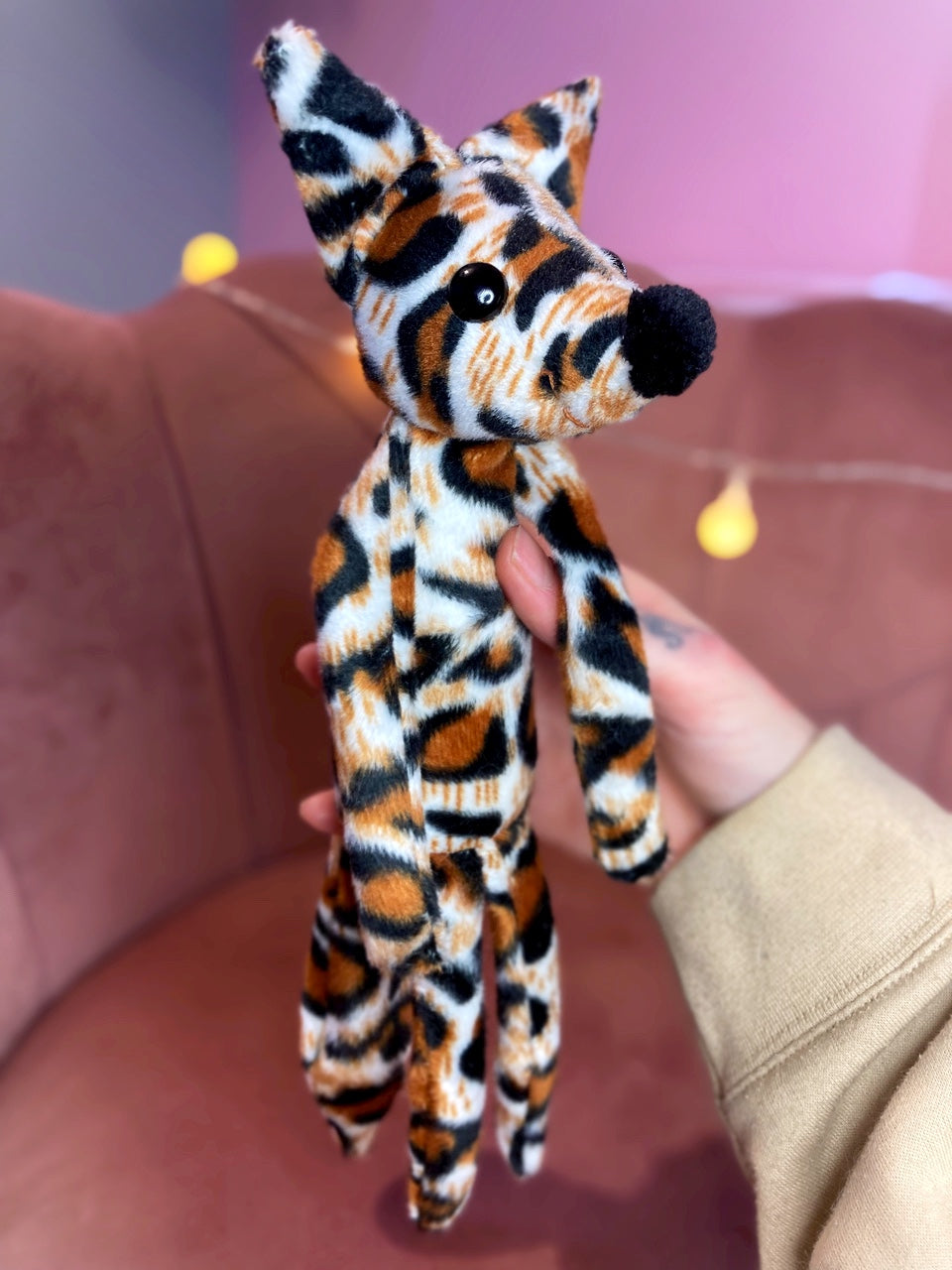 CALICO LEOPARD FUZZY FOX - Handmade Luxury Weighted Plush Fluffy Fox Doll