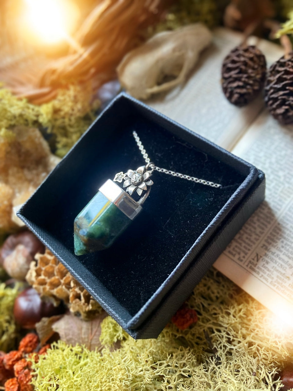 FLEUR DE VIE Handmade Sterling Silver Necklace with Moss Agate