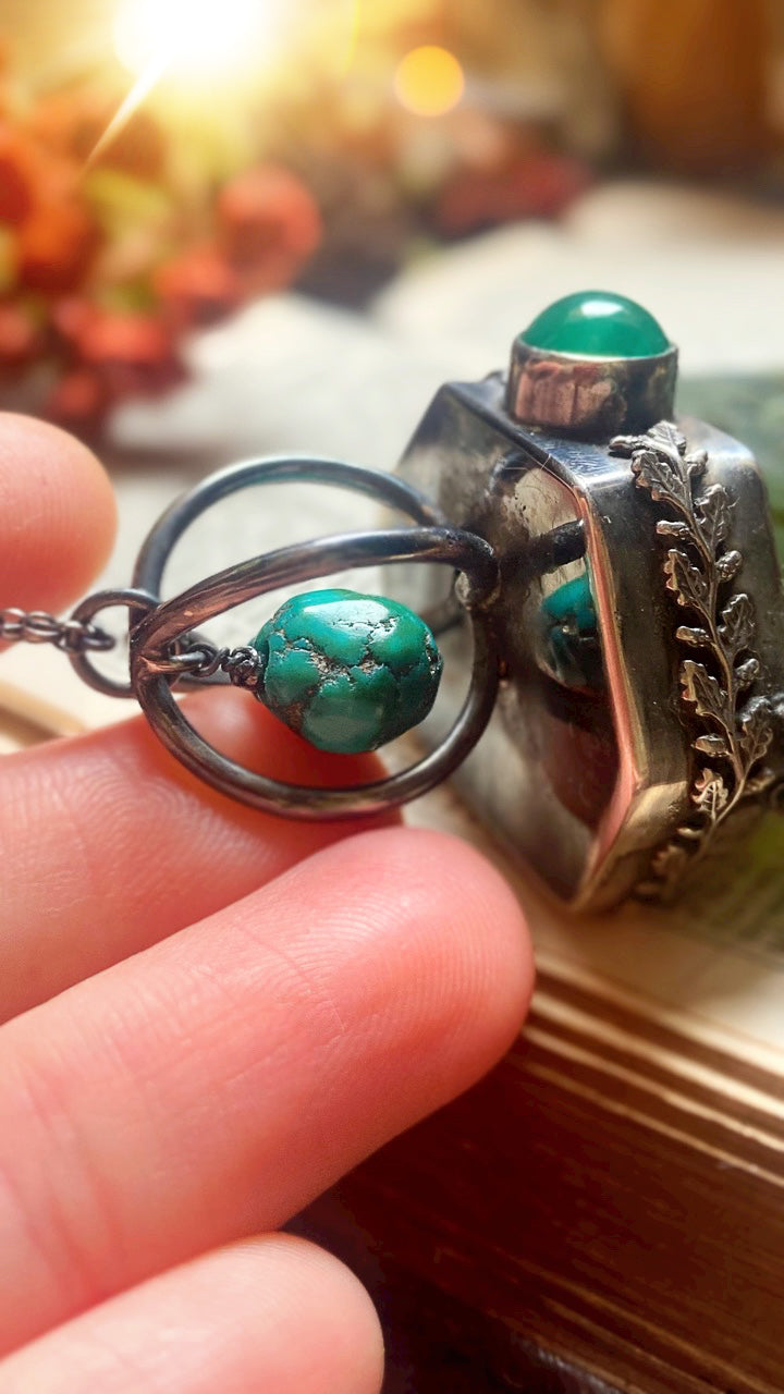 ꩜ SACRED GROVE ꩜ Handmade Sterling Silver Forest Talisman with Prehnite Crystal, Green Agate, Jade & Turquoise Beads