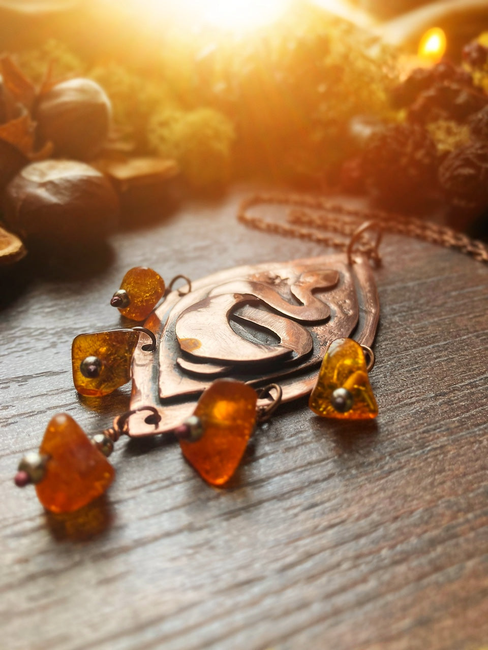 YONI Handmade Copper Necklace with Amber Beads