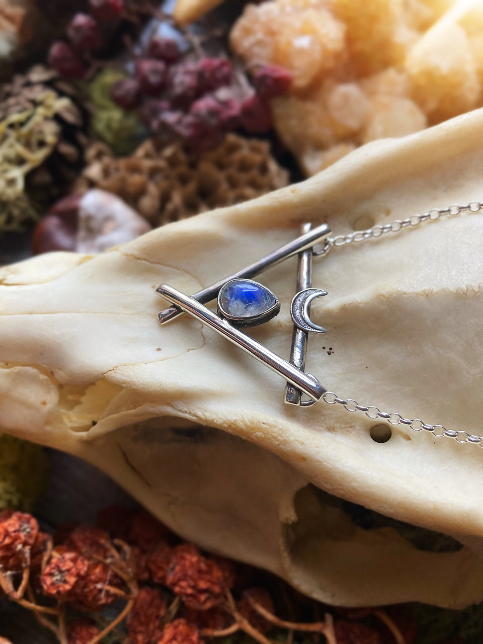 WATER WITCH Handmade Sterling Silver Necklace with Rainbow Moonstone