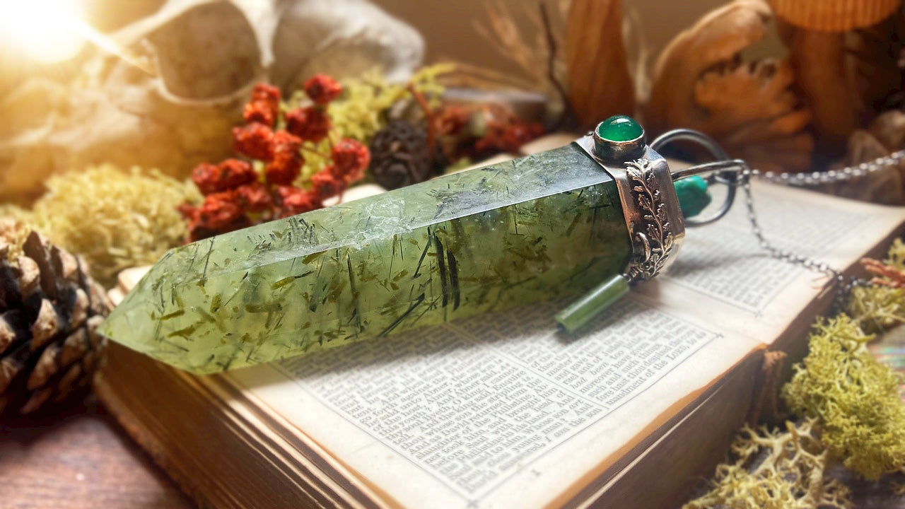 ꩜ SACRED GROVE ꩜ Handmade Sterling Silver Forest Talisman with Prehnite Crystal, Green Agate, Jade & Turquoise Beads