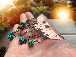 TWO HEADED RAVEN Handmade Copper Necklace with Turquoise Beads