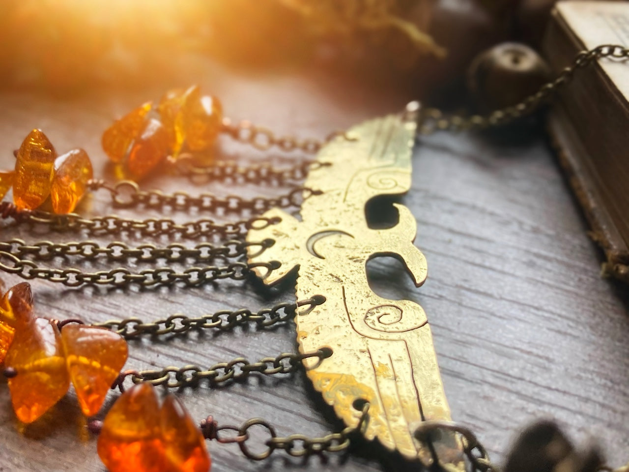 TWO HEADED RAVEN Handmade Brass Necklace with Amber Beads