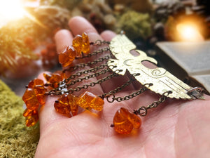 TWO HEADED RAVEN Handmade Brass Necklace with Amber Beads