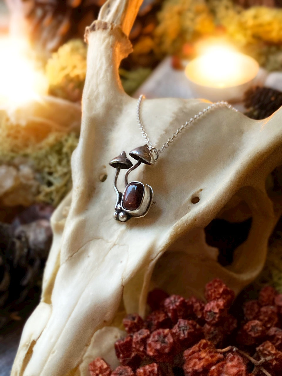 MAGIC MUSHROOMS Handmade Sterling Silver Mushroom Necklace with Tigers Eye
