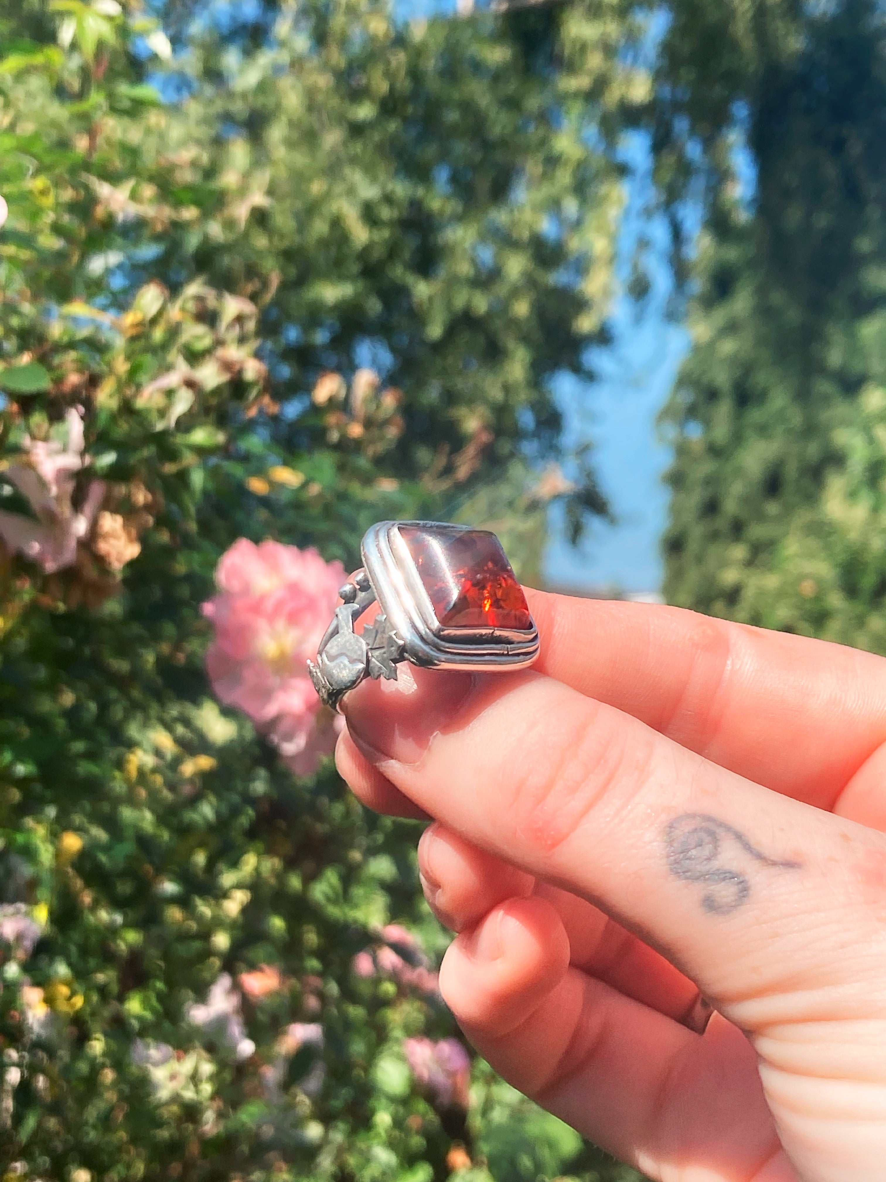 🍁SEASON OF THE WITCH🍁Handmade Sterling Silver Ring with Baltic Amber ~ Size N