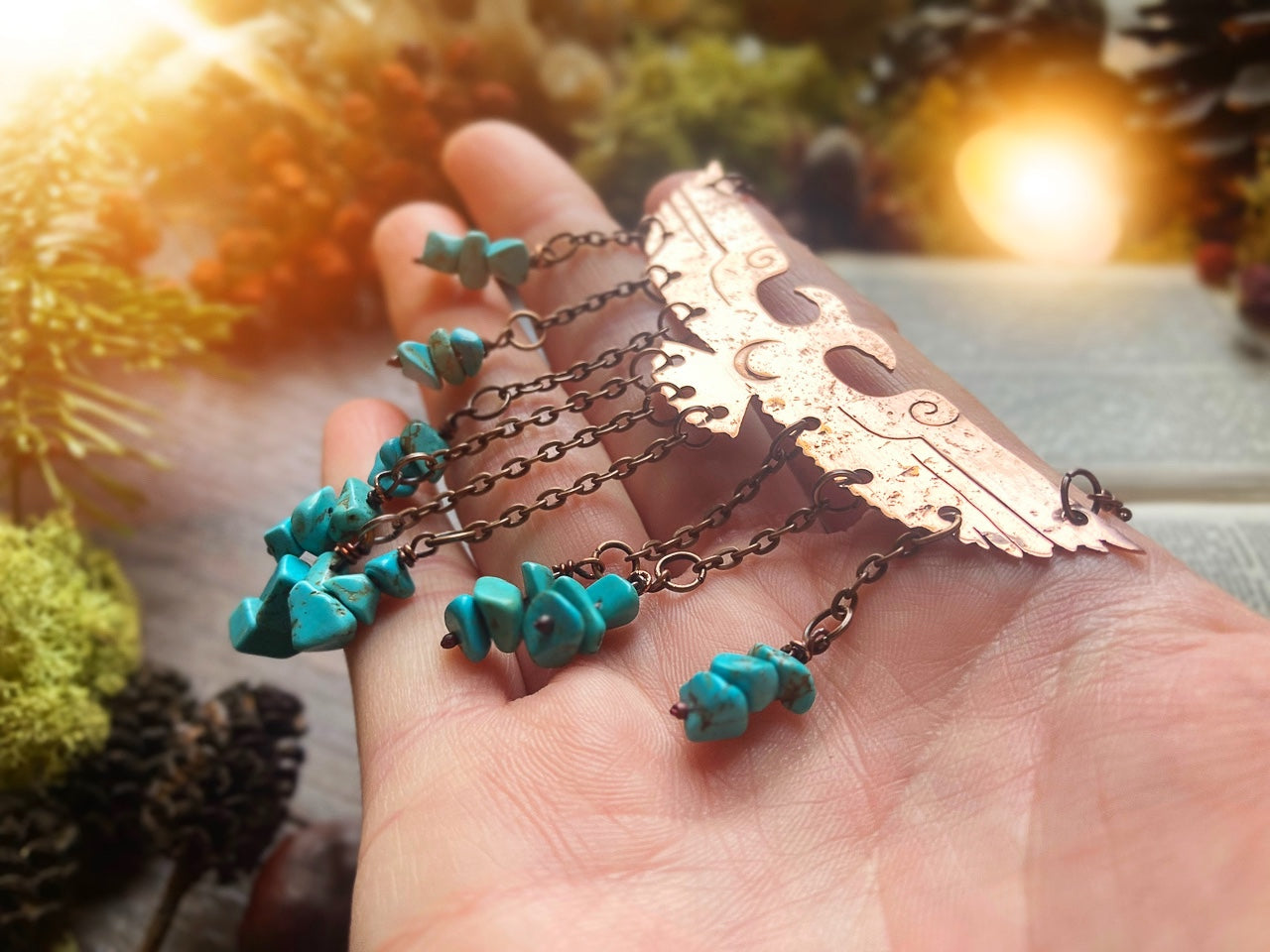 TWO HEADED RAVEN Handmade Copper Necklace with Turquoise Beads