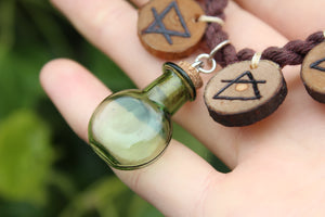 SPELL BOTTLE - ELEMENTAL MAGIC Glass Bottle Necklace with Handmade Wooden Charms.