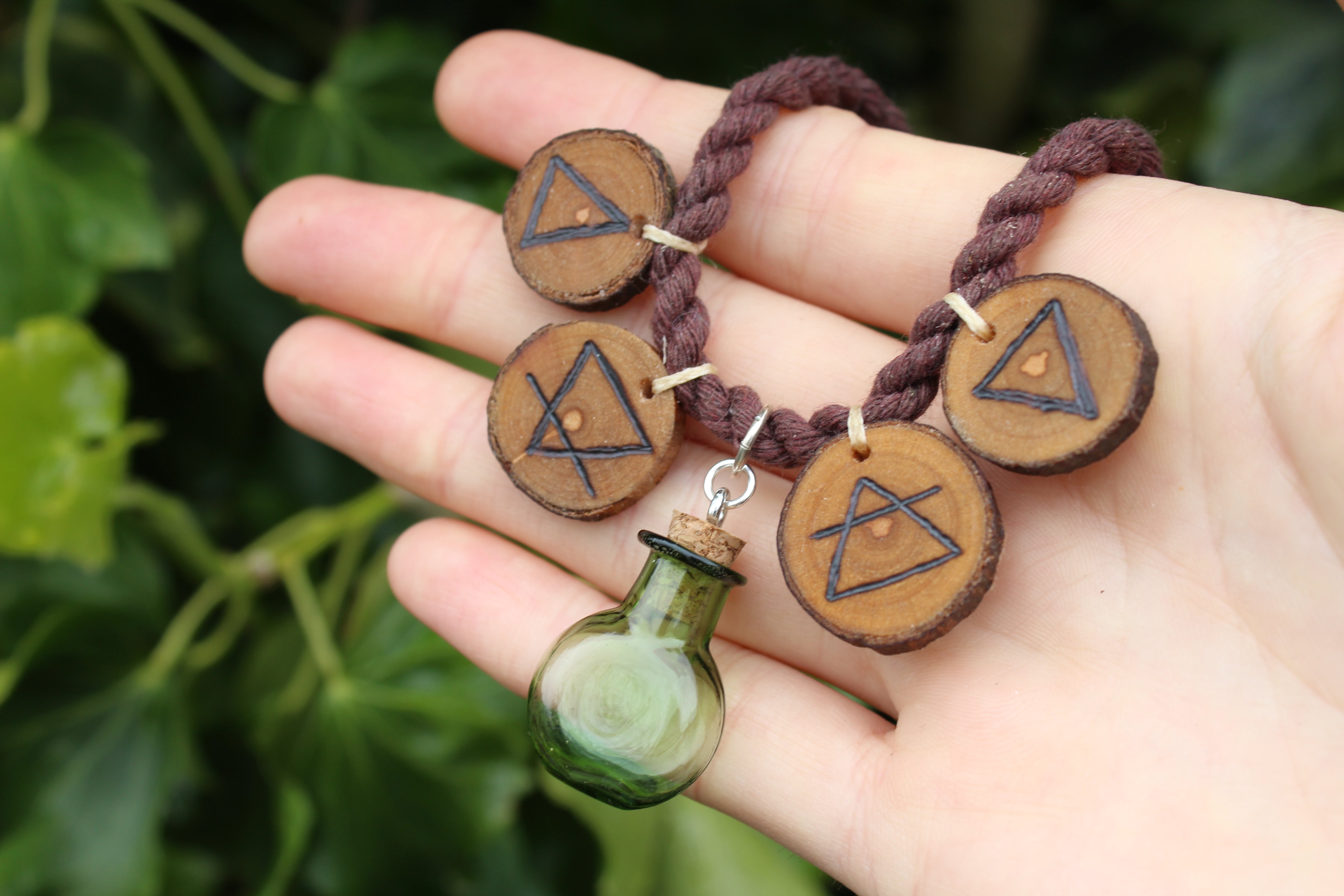 SPELL BOTTLE - ELEMENTAL MAGIC Glass Bottle Necklace with Handmade Wooden Charms.