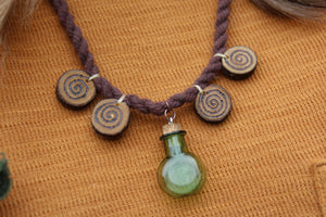 SPELL BOTTLE - SPIRAL FLOW Glass Bottle Necklace with Handmade Wooden Charms.