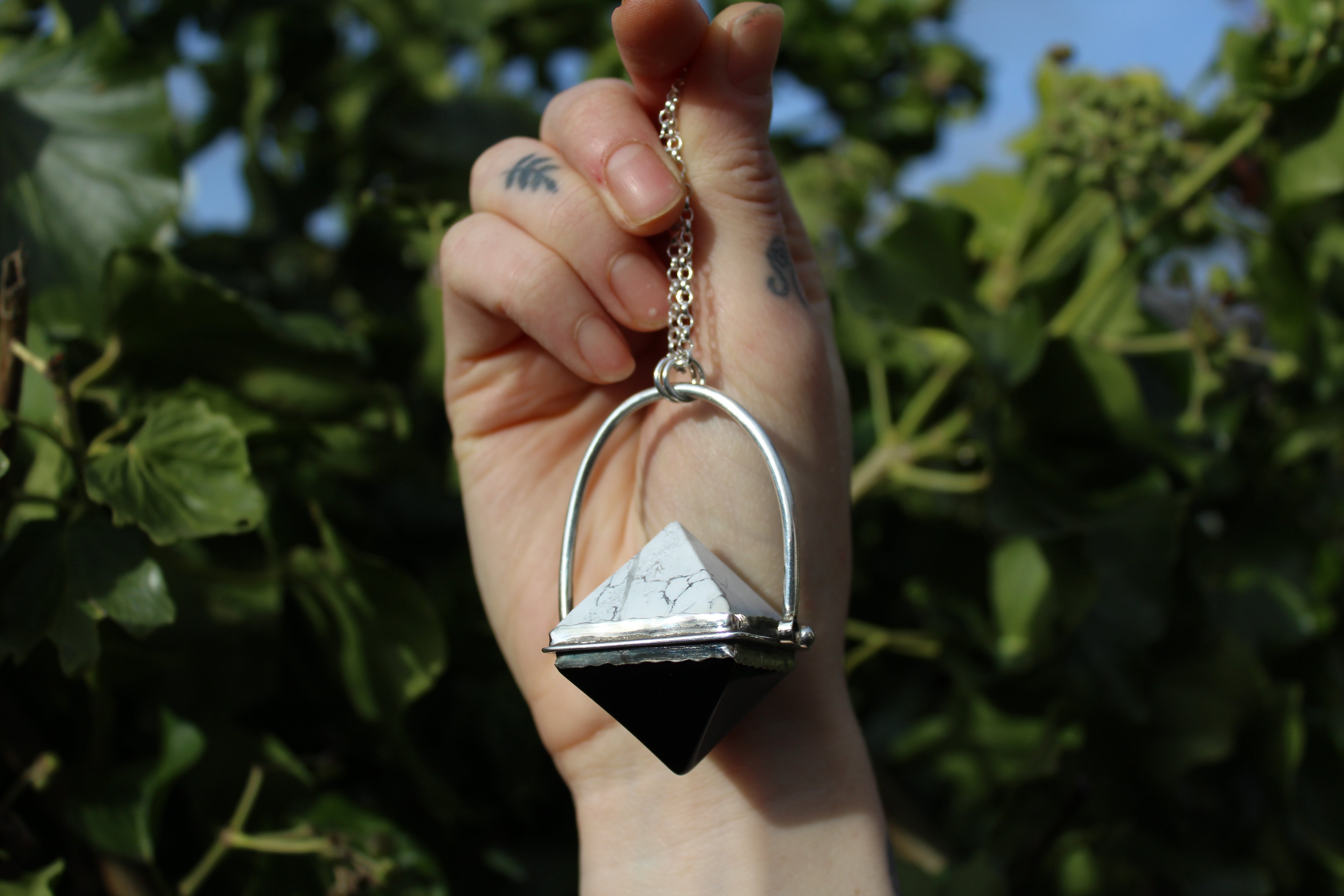 BALANCE Handmade Sterling Silver Spinner Necklace with Howlite & Obsidian Pyramids