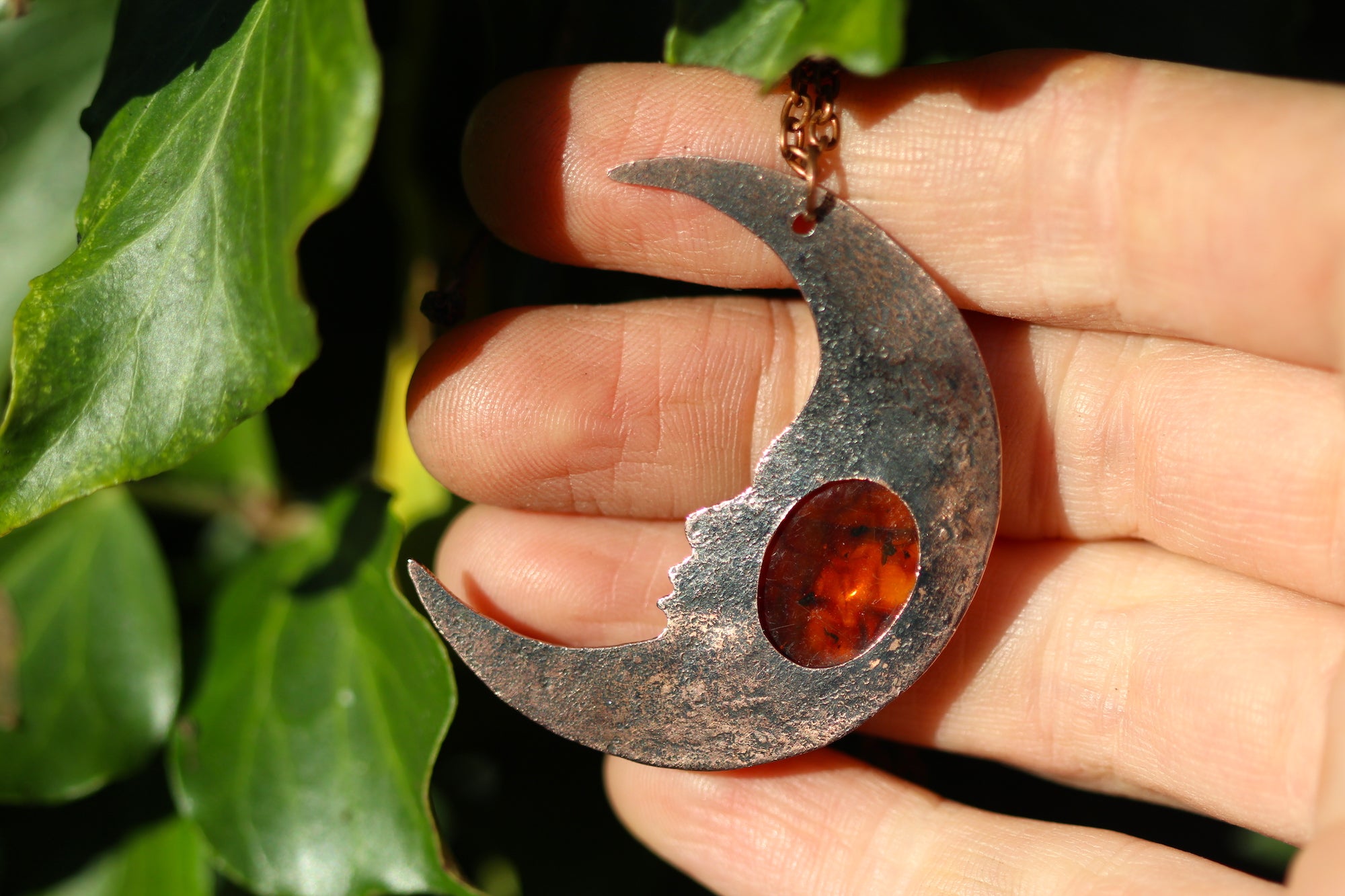 MOON MAMA Handmade Copper Moon Talisman with Amber