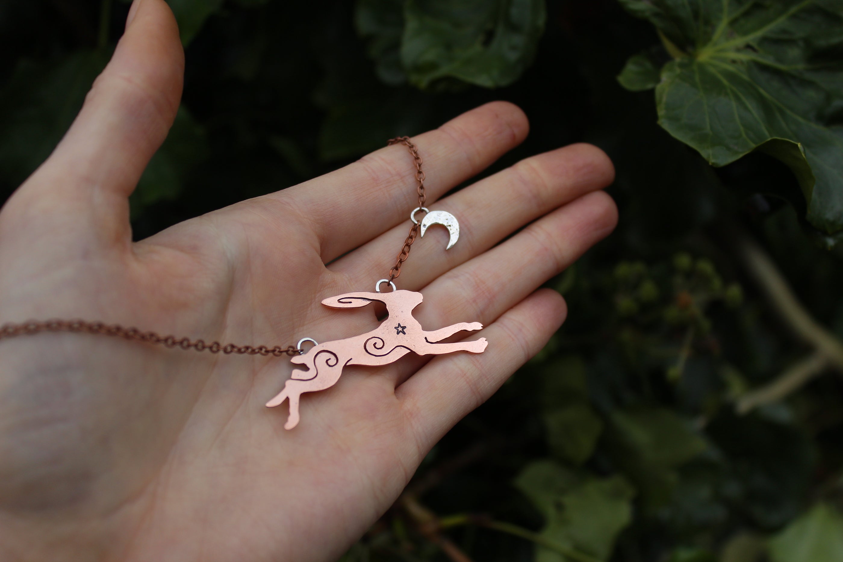LEAPING LUNAR HARE Handmade Recycled Copper & Sterling Silver Necklace