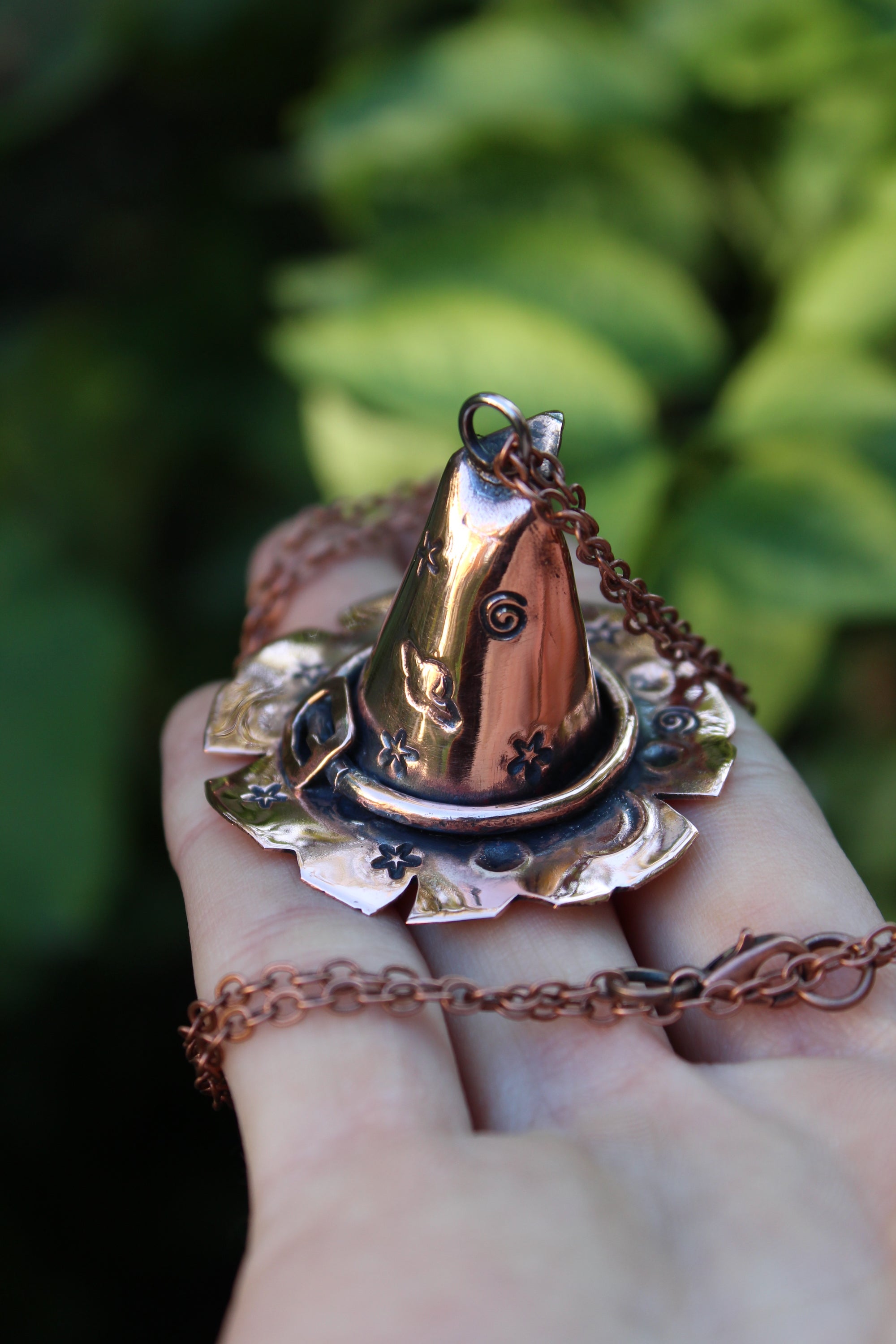 TRICK OR TREAT Handmade Copper Witches Hat Necklace