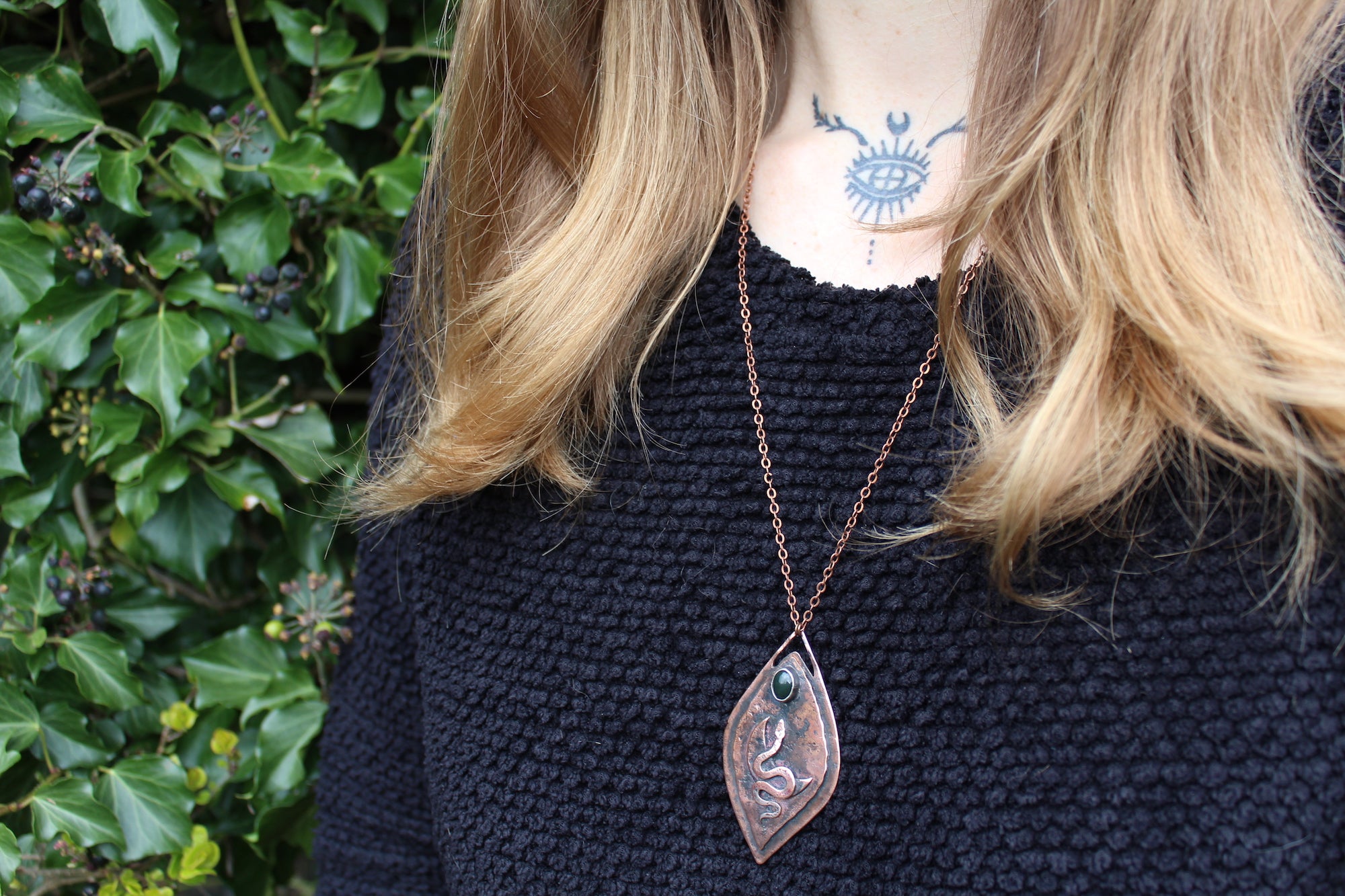 SERPENT YONI Handmade Copper Necklace with Bloodstone