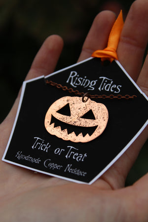 TRICK OR TREAT Handmade Recycled Copper Jack O Lantern Necklace