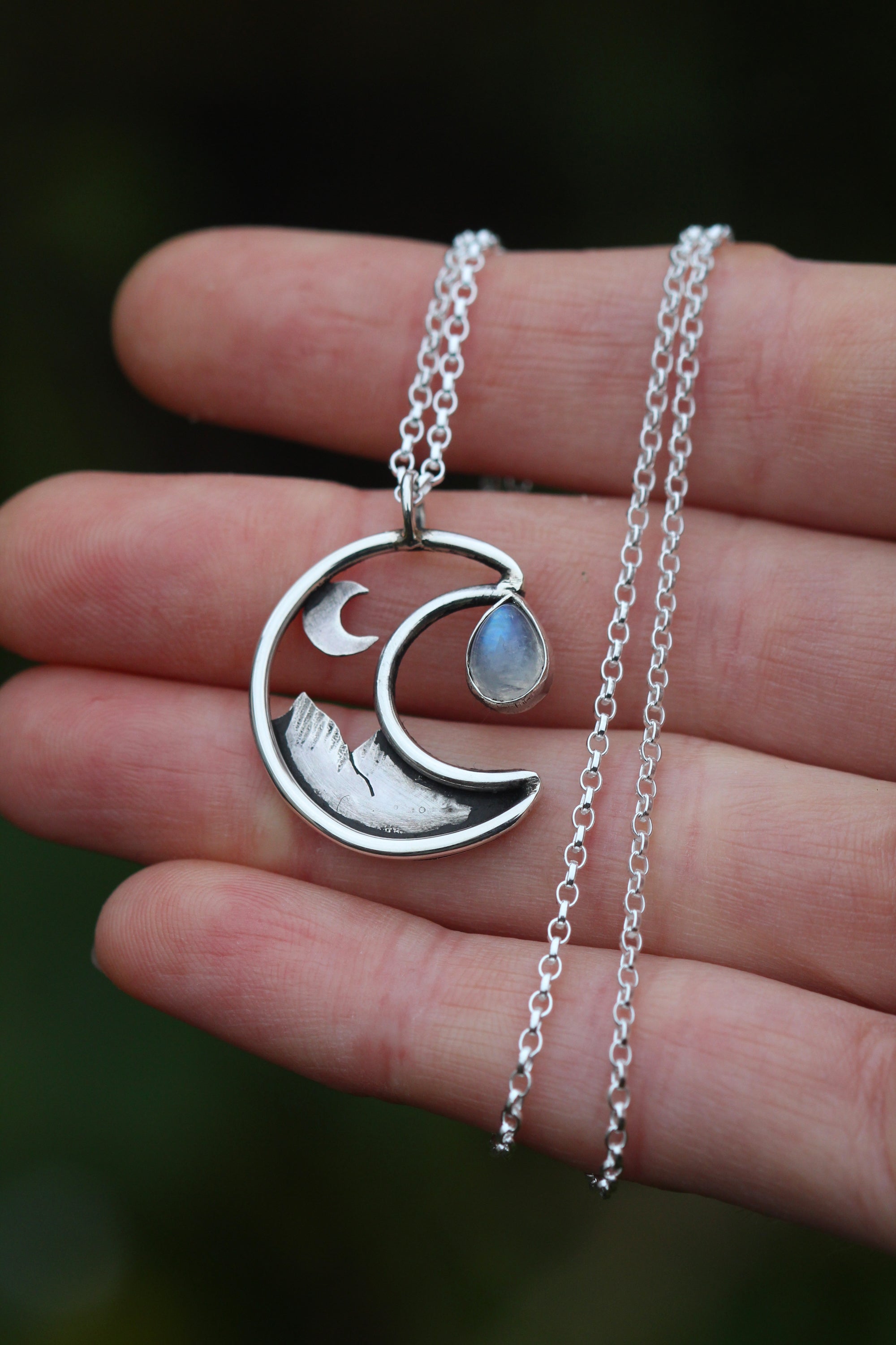 MOON DROP Handmade Sterling Silver Necklace with Rainbow Moonstone