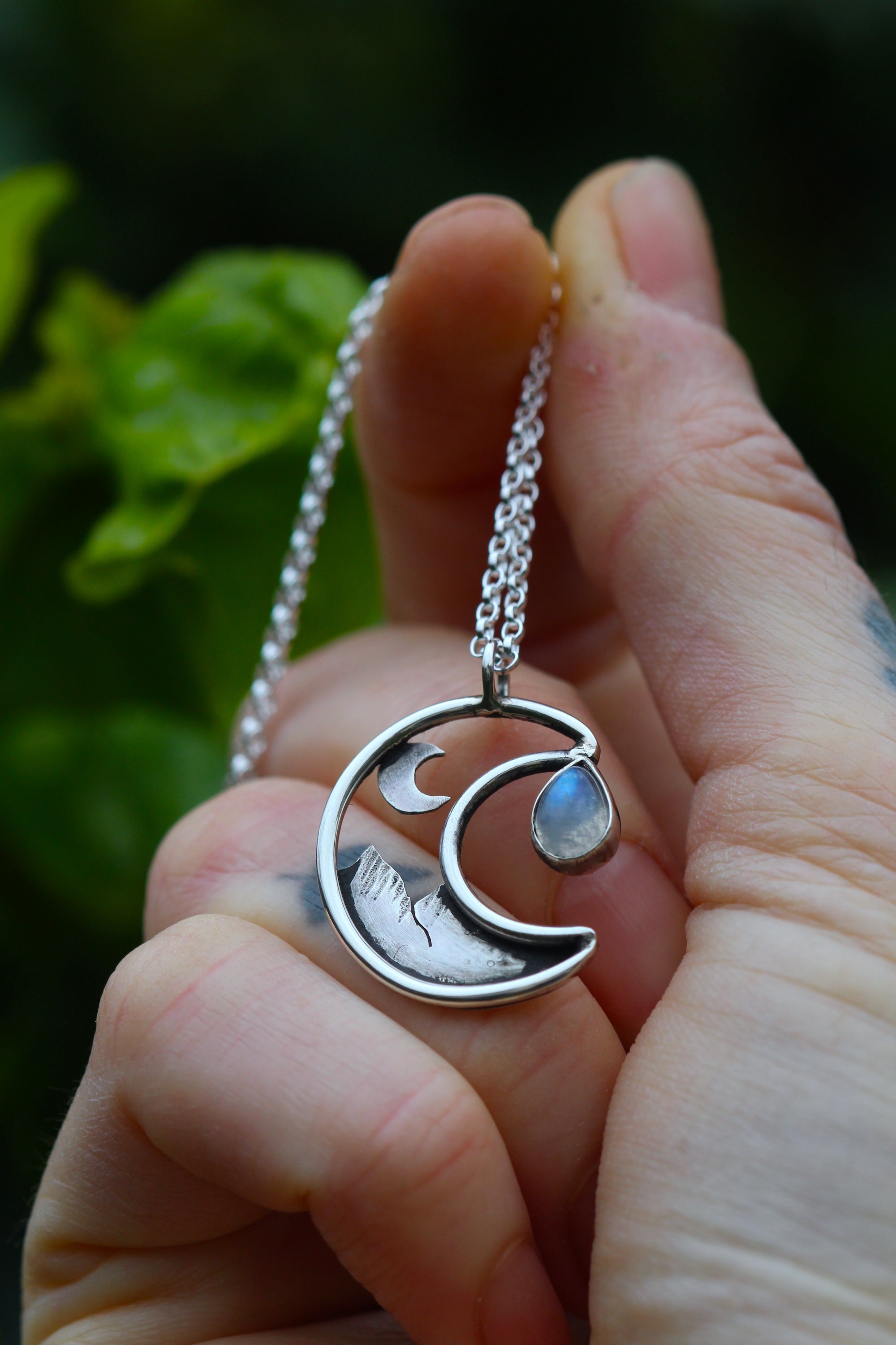 MOON DROP Handmade Sterling Silver Necklace with Rainbow Moonstone