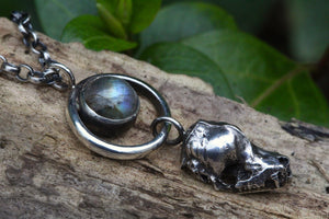 SACRED SHADOW Sterling Silver Bat Skull Necklace with Labradorite