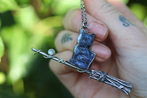 THE FAMILIAR Sterling Silver Necklace with a Sodalite Cat and Rainbow Moonstone