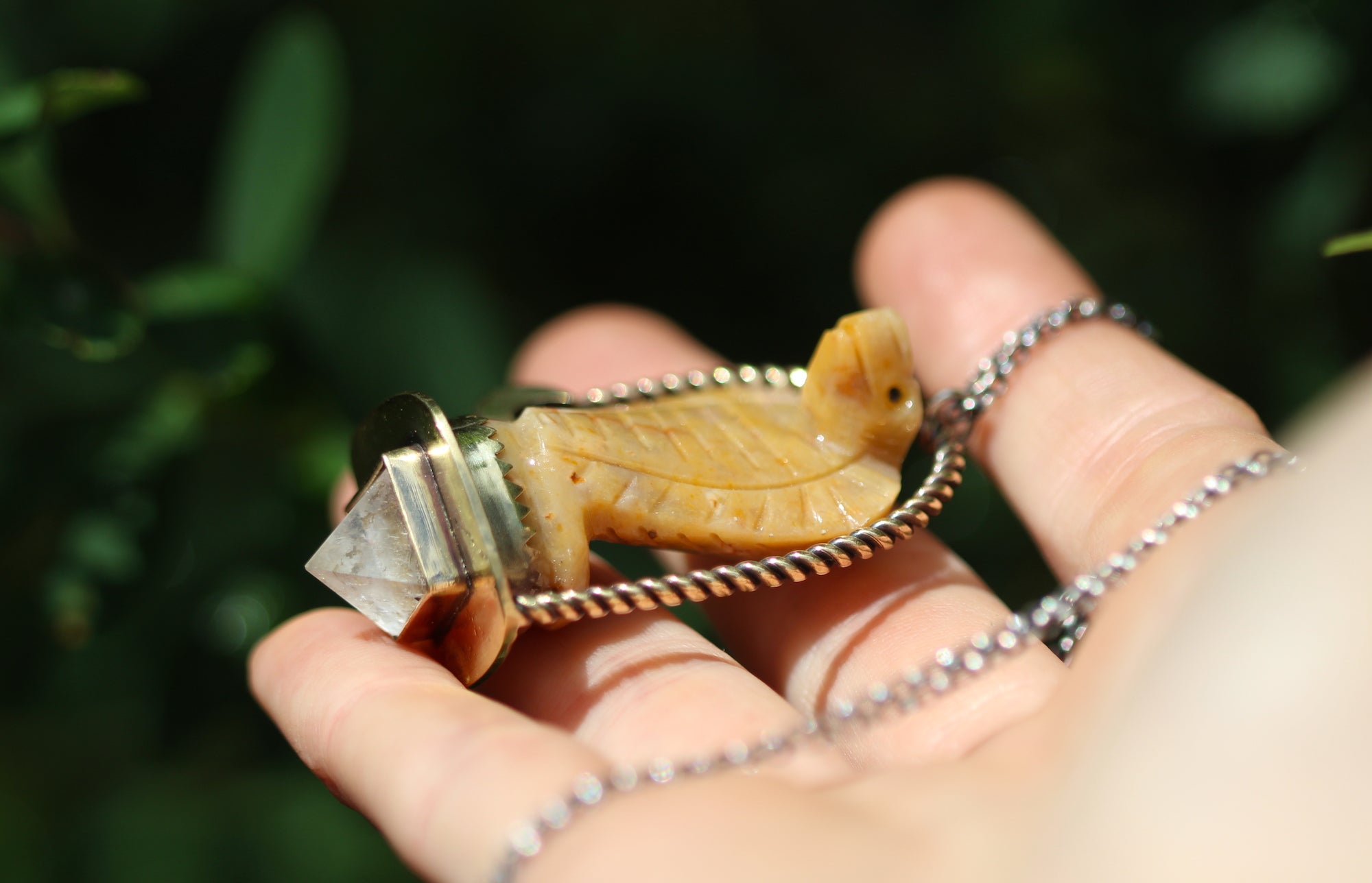 SERPENT TREASURE Handmade Brass Necklace with Agate & Clear Quartz