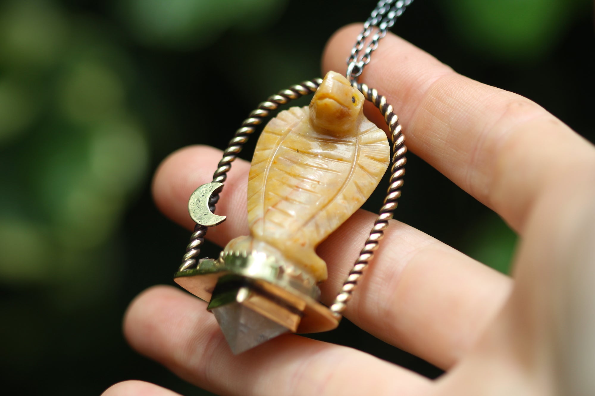 SERPENT TREASURE Handmade Brass Necklace with Agate & Clear Quartz