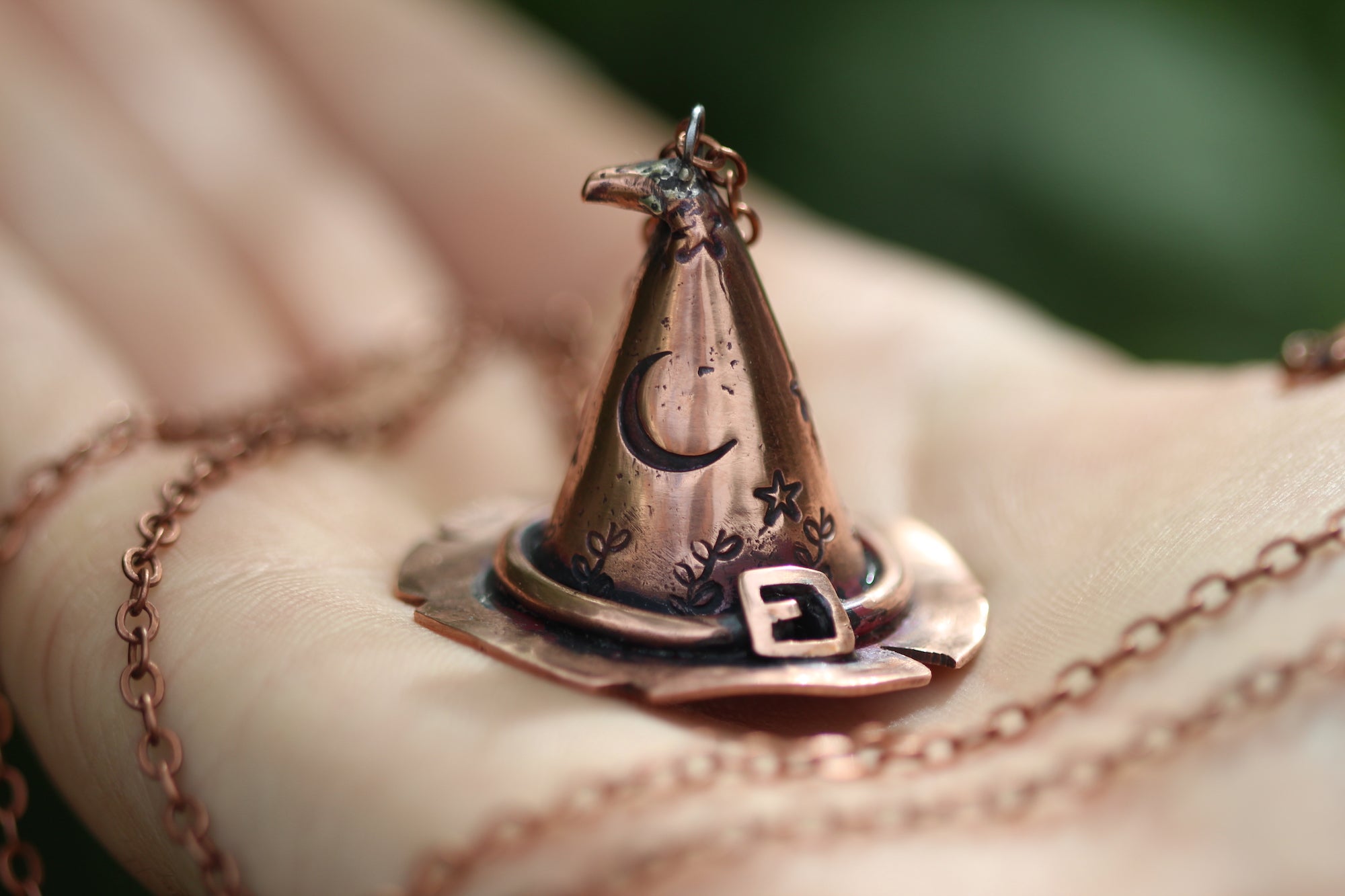 'FUCK OFF' Handmade Copper 3D Witches Hat Necklace