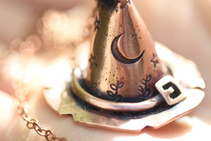 'FUCK OFF' Handmade Copper 3D Witches Hat Necklace