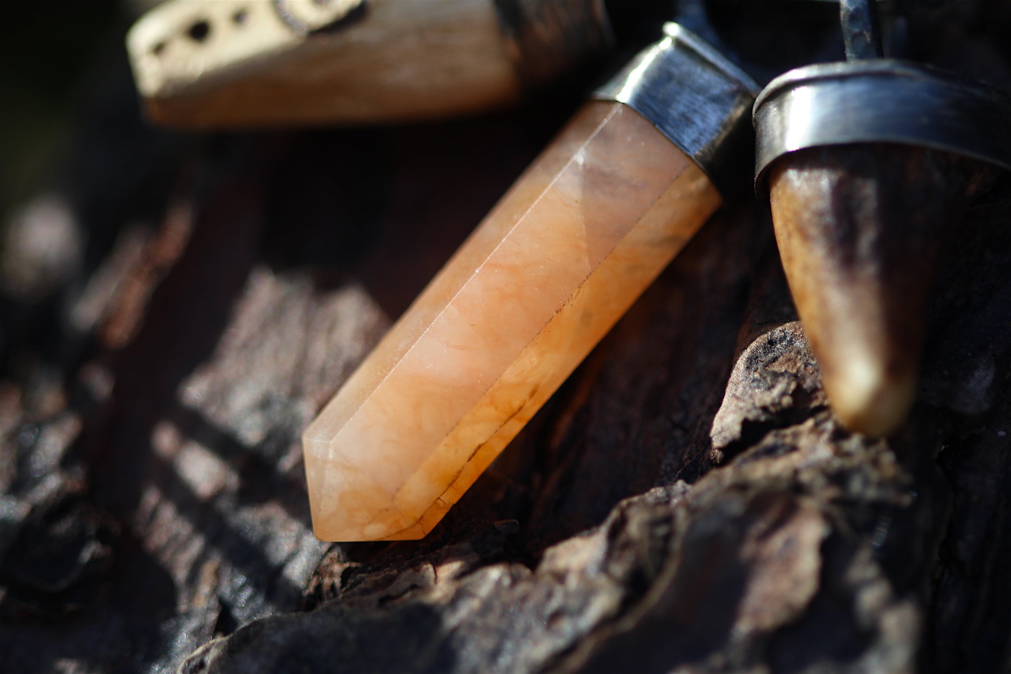 MEDICINE KEEPER Sterling Silver Necklace with Palo Santo, Antler & Peach Aventurine