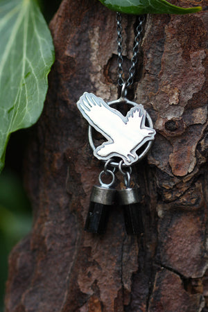 TREASURE SEEKER Sterling Silver Crow Necklace with Black Tourmaline