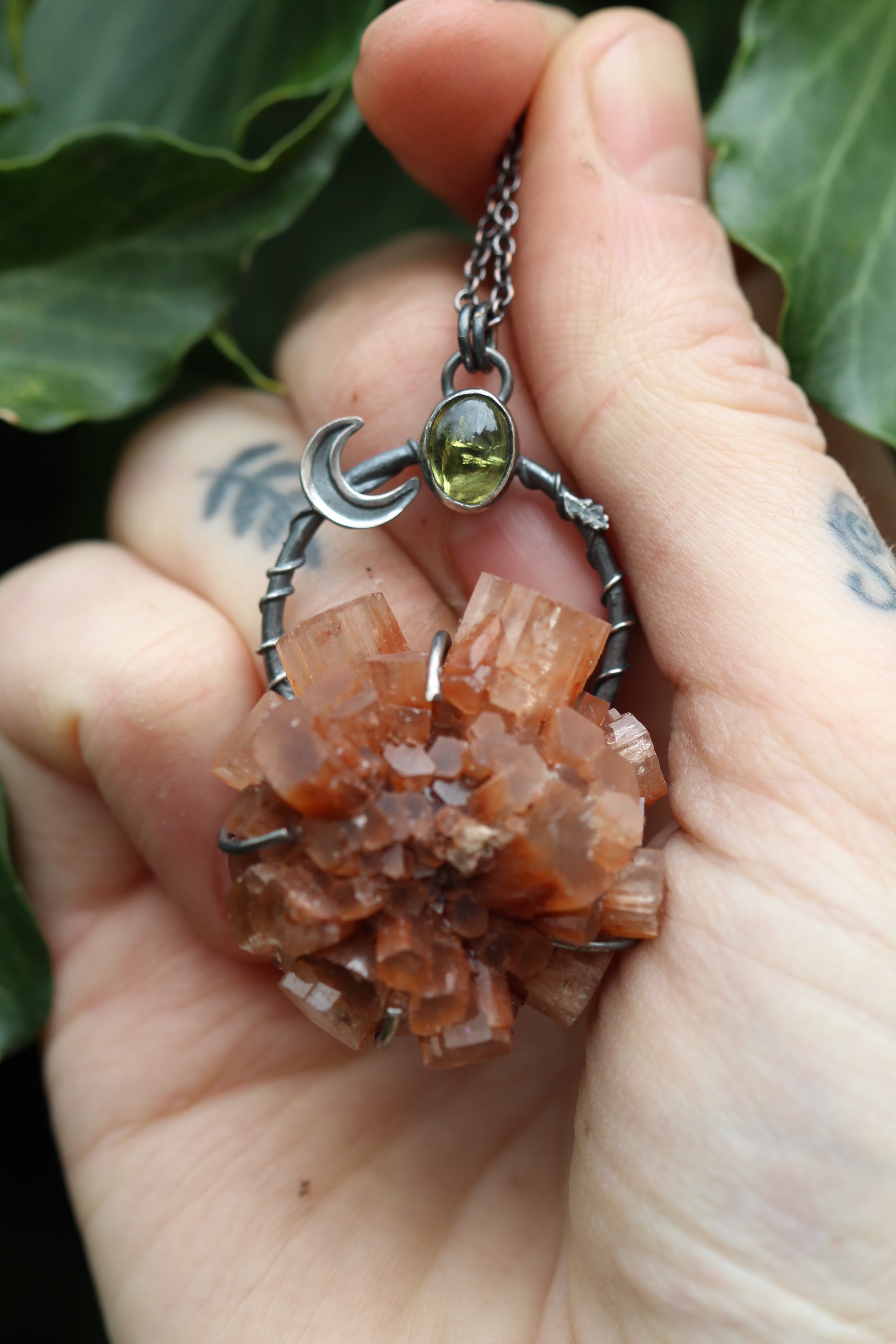 ROOTED Raw Aragonite Crystal & Peridot Sterling Silver Necklace