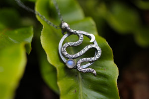 RELEASE Sterling Silver Serpent Necklace with Rainbow Moonstone