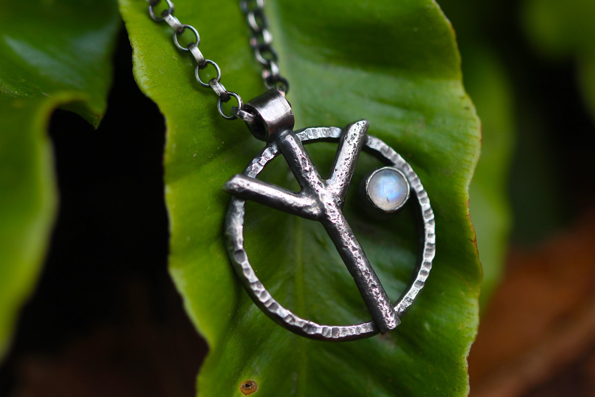 ALGIZ Sterling Silver Rune Necklace with Rainbow Moonstone