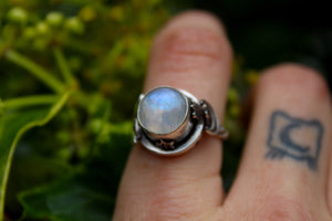 SAMHAIN BLUE MOON Handmade Sterling Silver Ring with Rainbow Moonstone - Size O/7