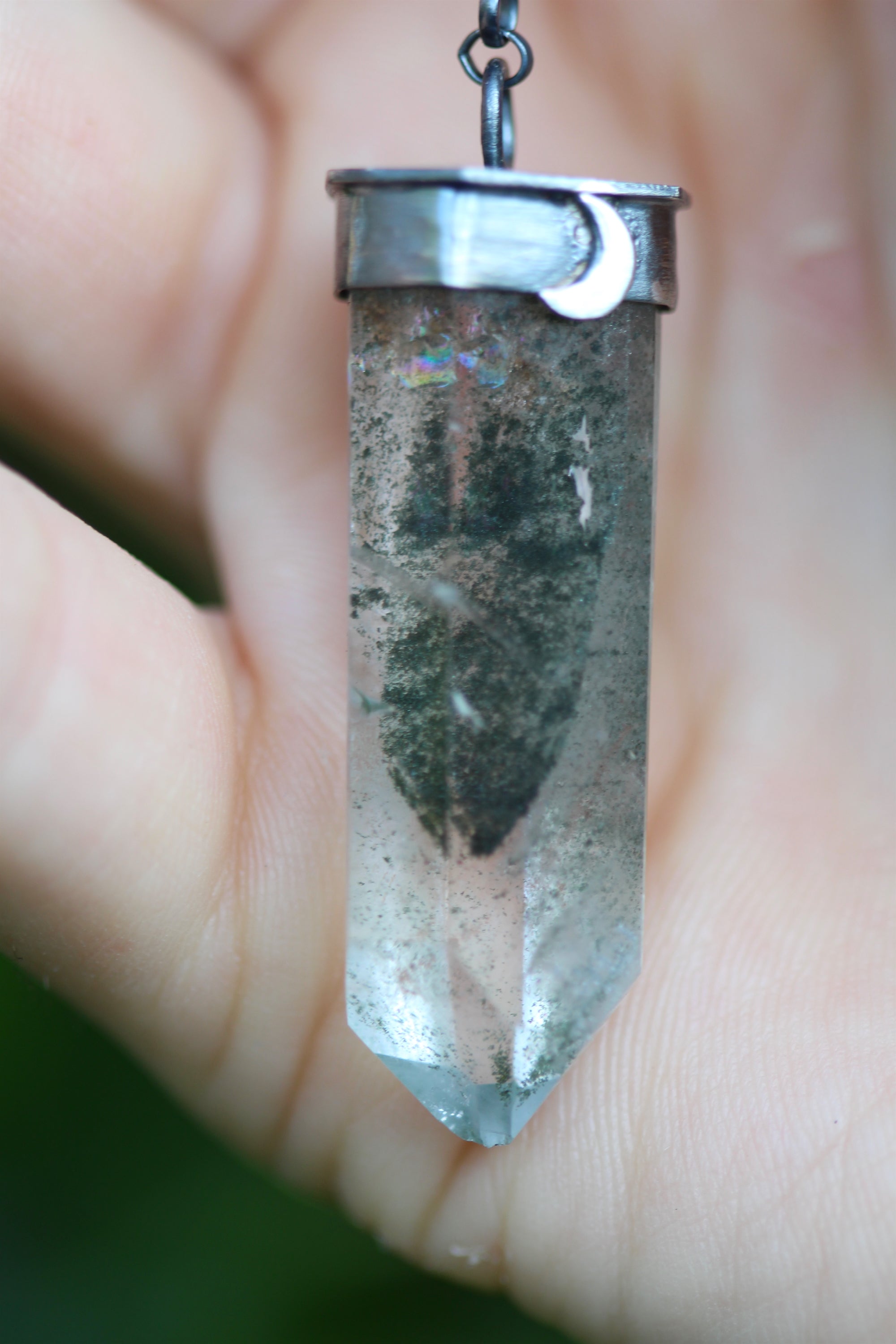 INTO THE EARTH Raw Aragonite & Chlorite Phantom Quartz Crystal Sterling Silver Necklace