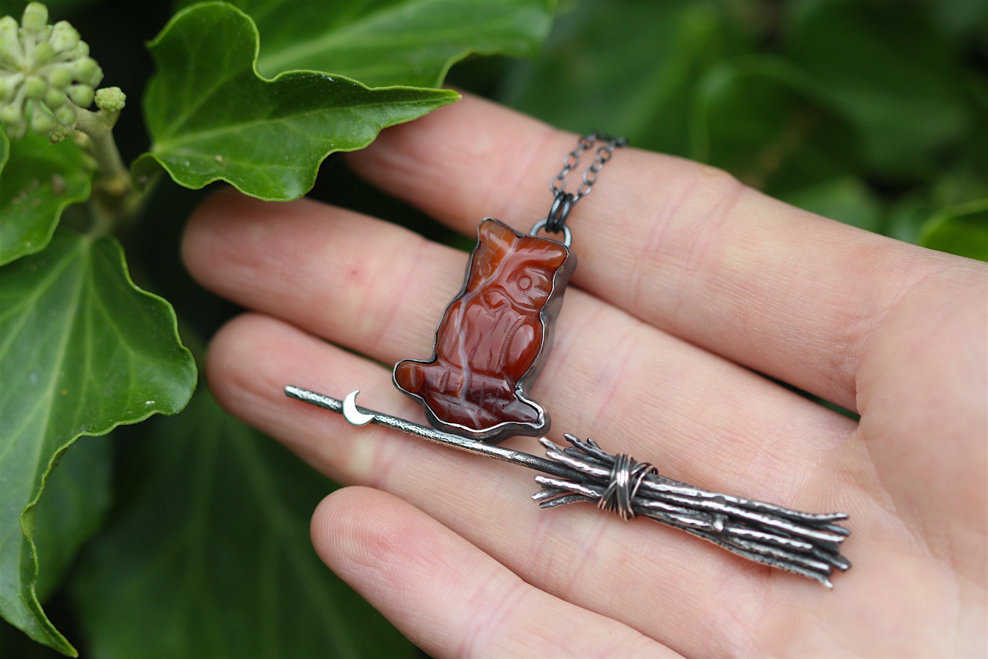 THE FAMILIAR Carnelian Owl & Sterling Silver Broomstick Necklace
