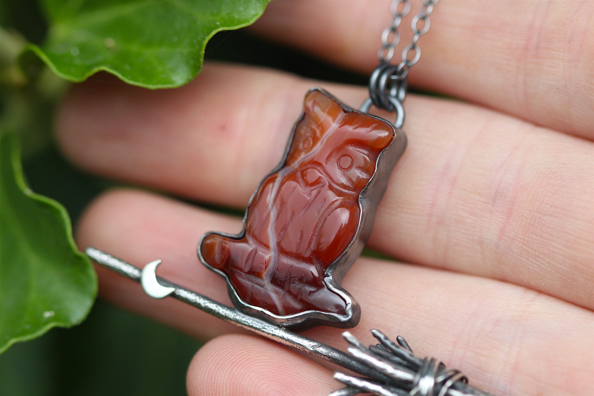 THE FAMILIAR Carnelian Owl & Sterling Silver Broomstick Necklace