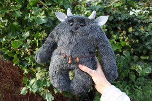 Charcoal Troll - Handmade Plush Comfort Creature with Handcarved Wooden Charms