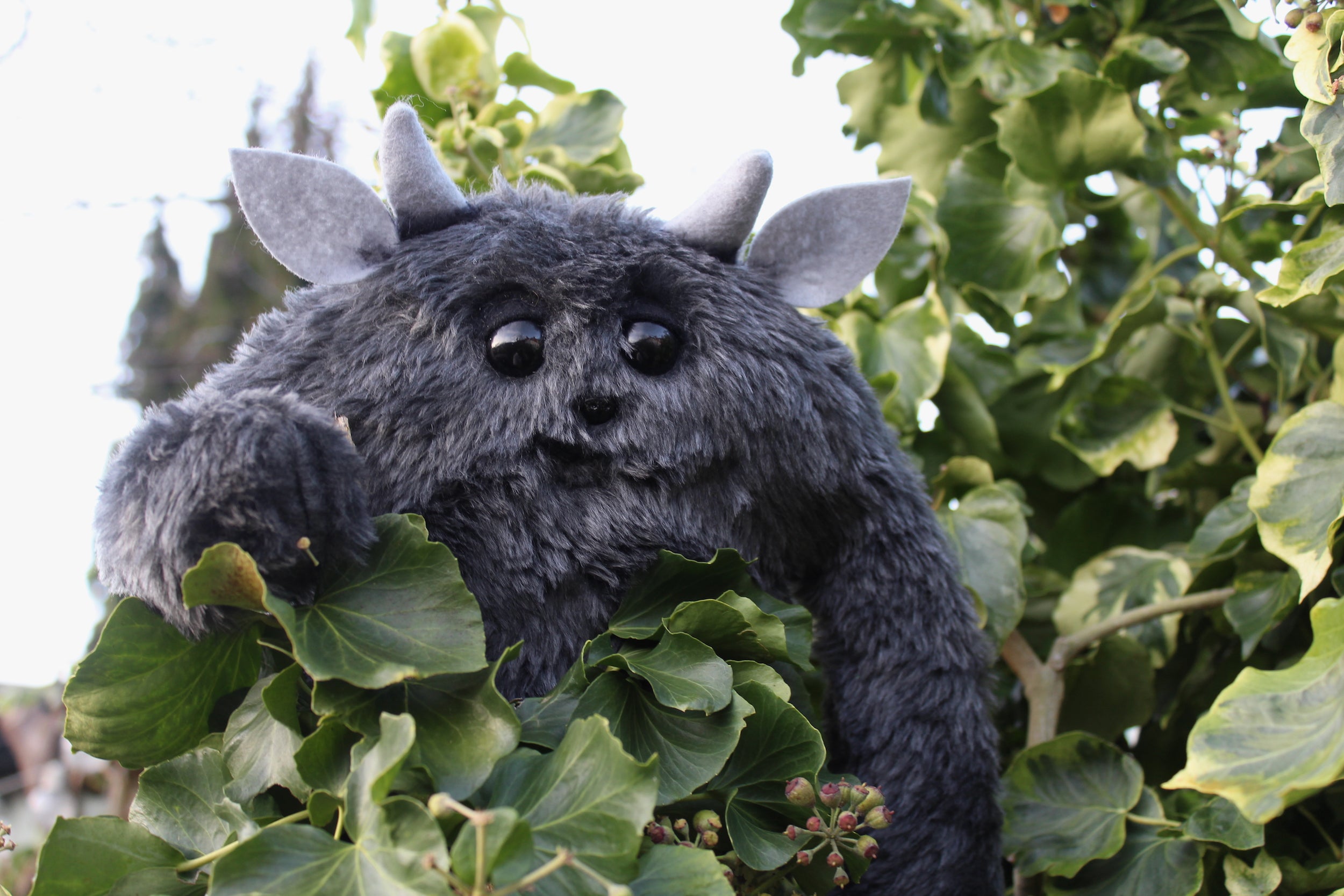 Charcoal Troll - Handmade Plush Comfort Creature with Handcarved Wooden Charms