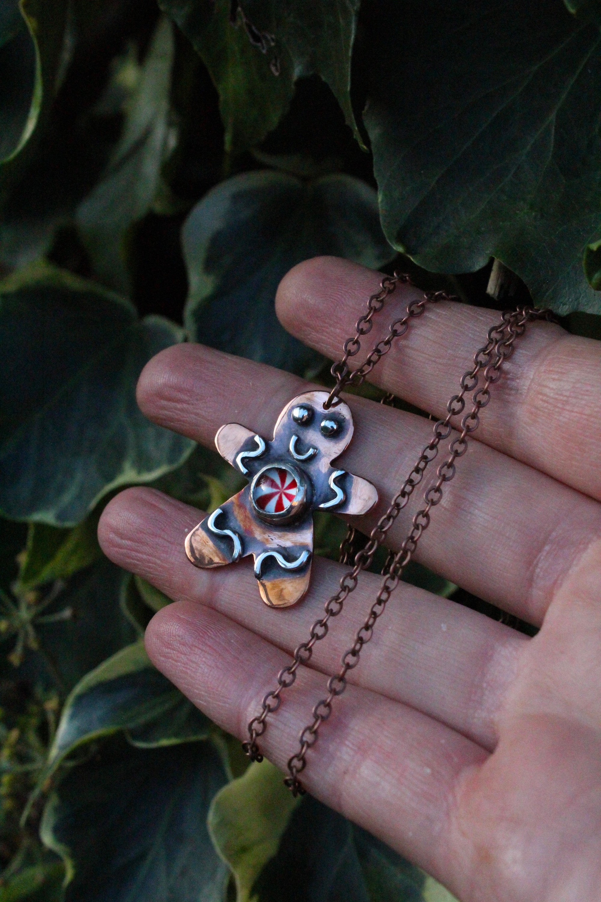 GINGERBREAD FRIEND - Handmade Copper Gingerbread Necklace with Glass Candy Gumdrops
