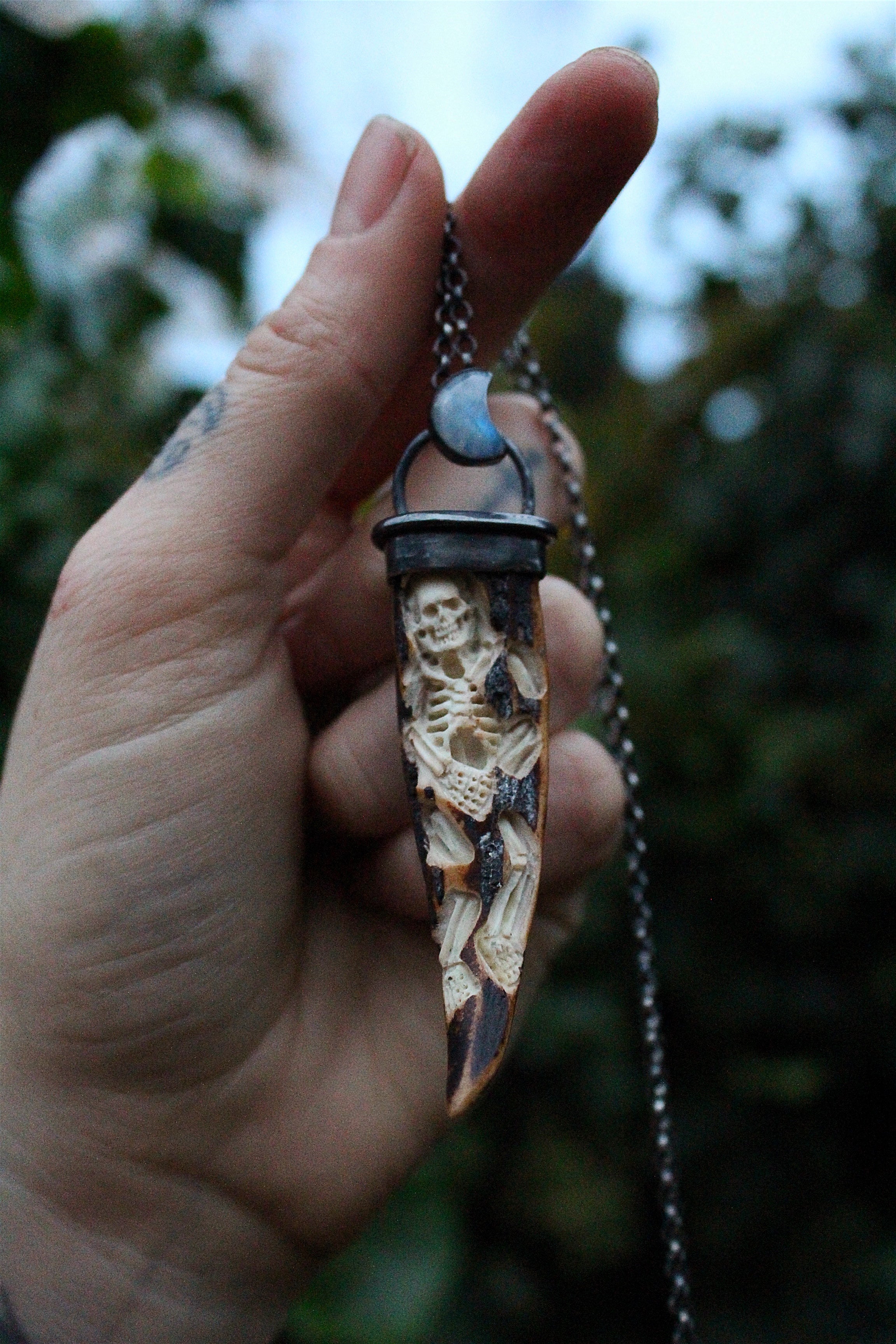TENDER EARTH Handmade Sterling Silver Necklace with Carved Skeleton Antler & Rainbow Moonstone