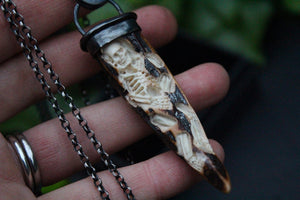 TENDER EARTH Handmade Sterling Silver Necklace with Carved Skeleton Antler & Rainbow Moonstone