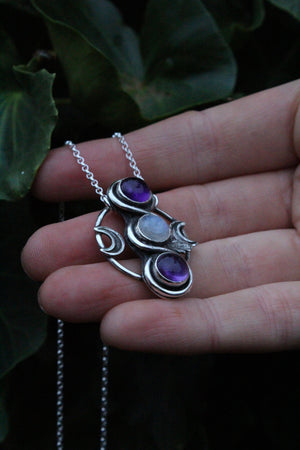 ASTRAL REALMS Handmade Sterling Silver Necklace with Amethyst & Rainbow Moonstone